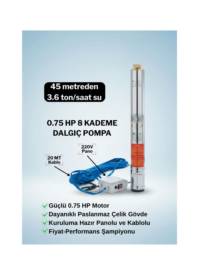 4'' 0.75 Hp 8 Kademe Dalgıç Pompa | 30 Mt Kablo Ve Panolu | 220v