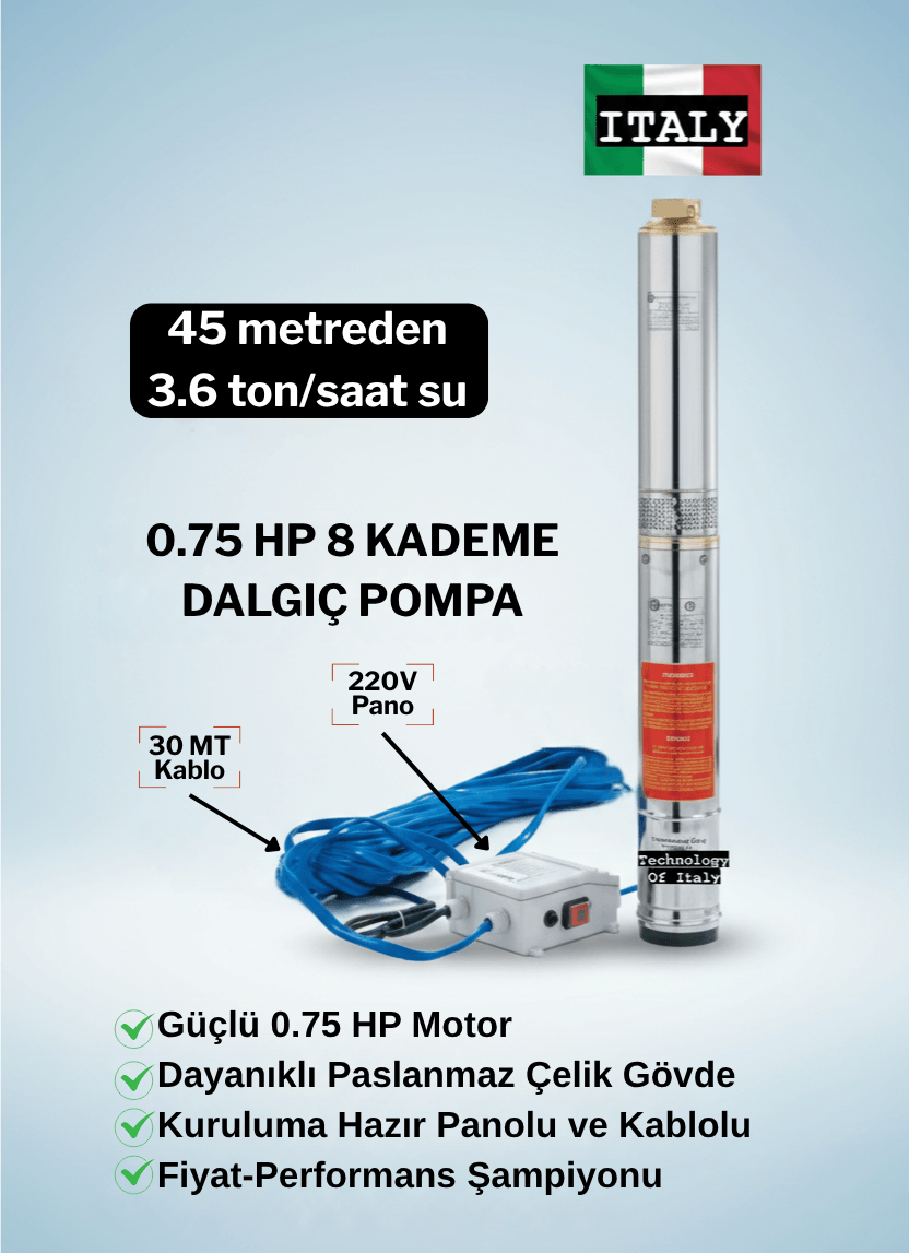 Vespo Italyan Teknoloji 0.75 Hp 8 Kademe Dalgıç Pompa | 30 Mt Kablo Ve Panolu | 220v