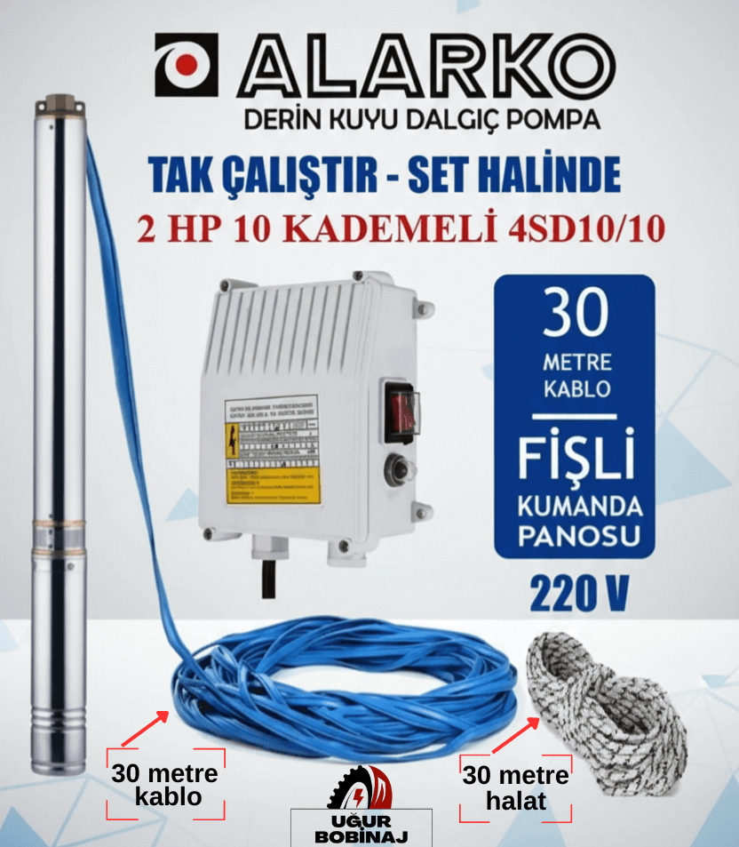 Alarko 2 Hp Derin Kuyu Dalgıç Pompa | 30m Kablolu, Halat Ve Pano Dahil | 220V | 4SD4/10 DMD