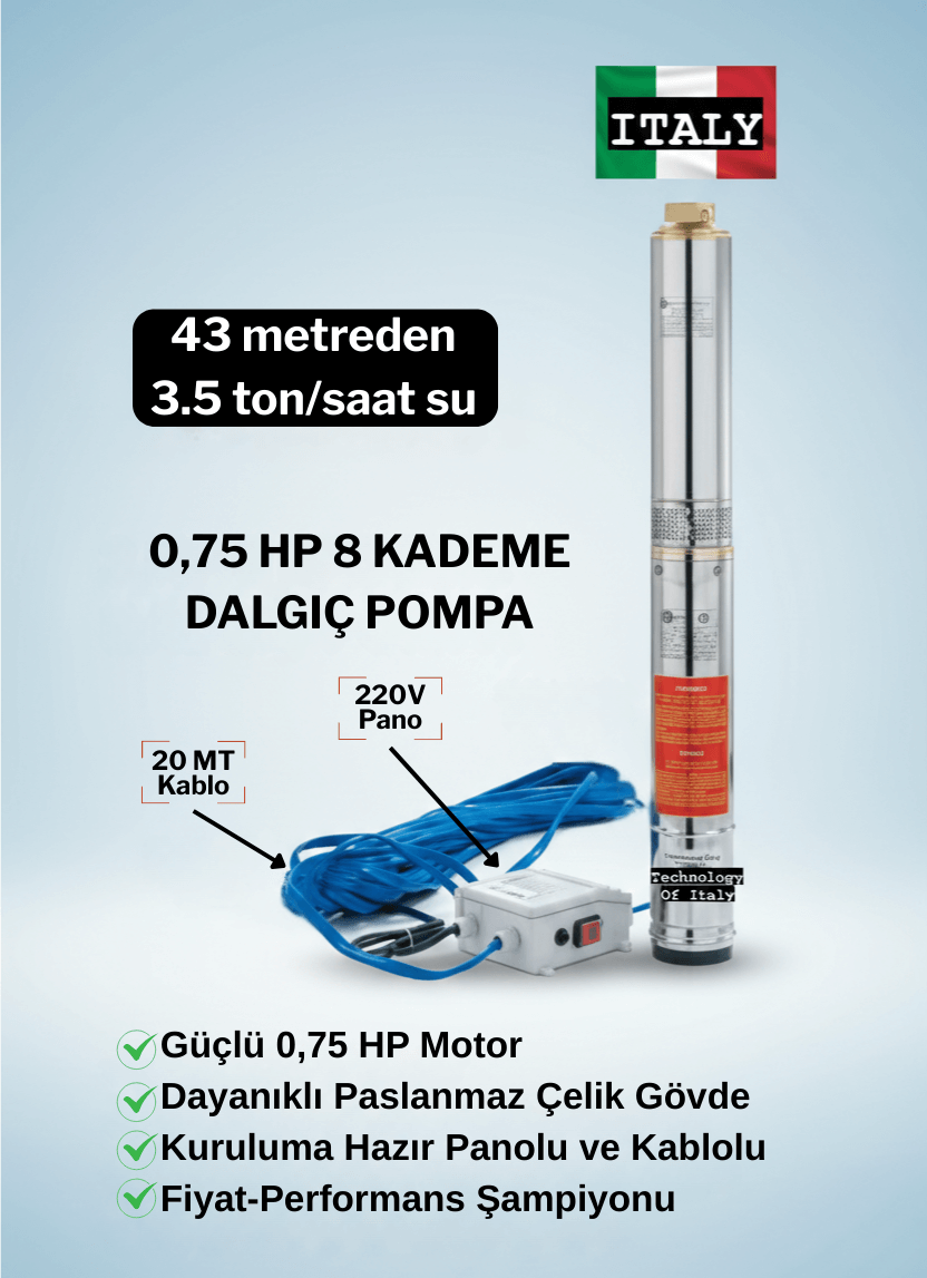 Vespo Italyan Teknoloji 0.75 Hp 8 Kademe Dalgıç Pompa | 20 Mt Kablo Ve Panolu | 220v