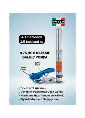 Vespo İtalyan Teknoloji | 4'' | 0,75 HP | 8 Kademe | 220V | Panolu ve 20 Metre Kablolu Dalgıç Pompa Seti