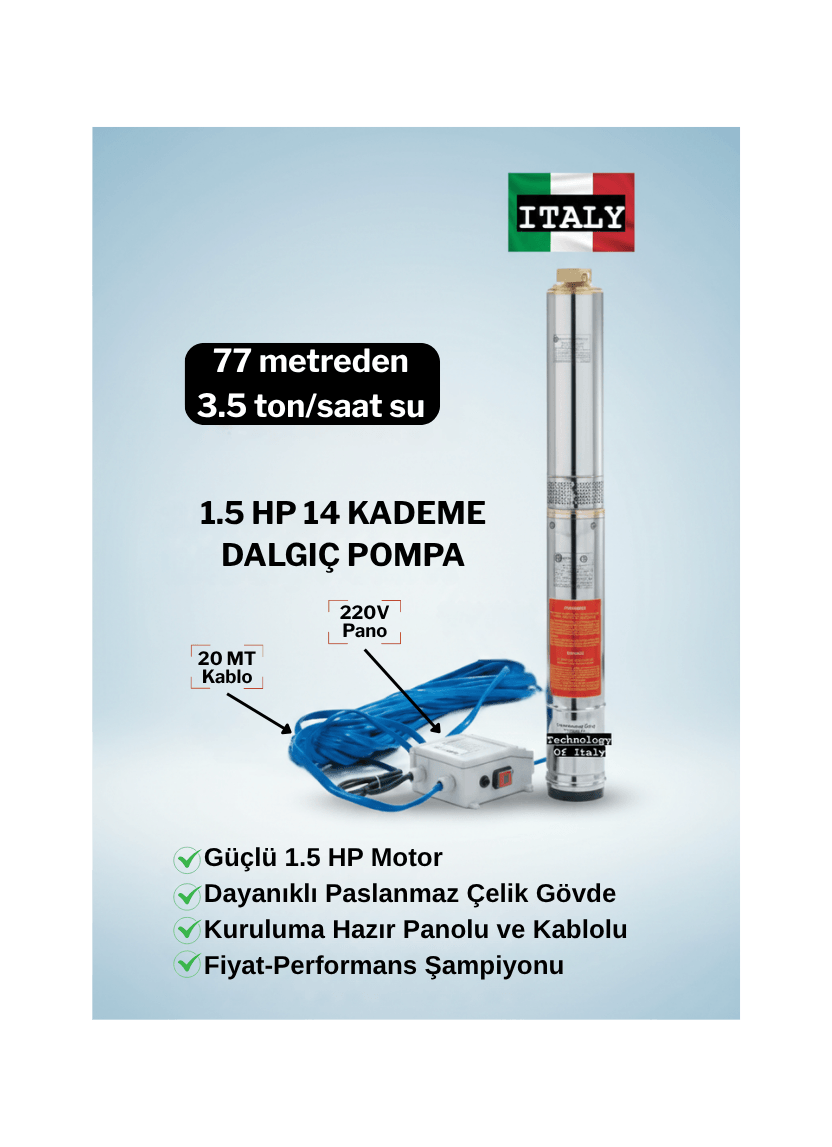 Vespo Italyan Teknoloji 1.5 Hp 14 Kademe Dalgıç Pompa | 20 Mt Kablo Ve Panolu | 220v