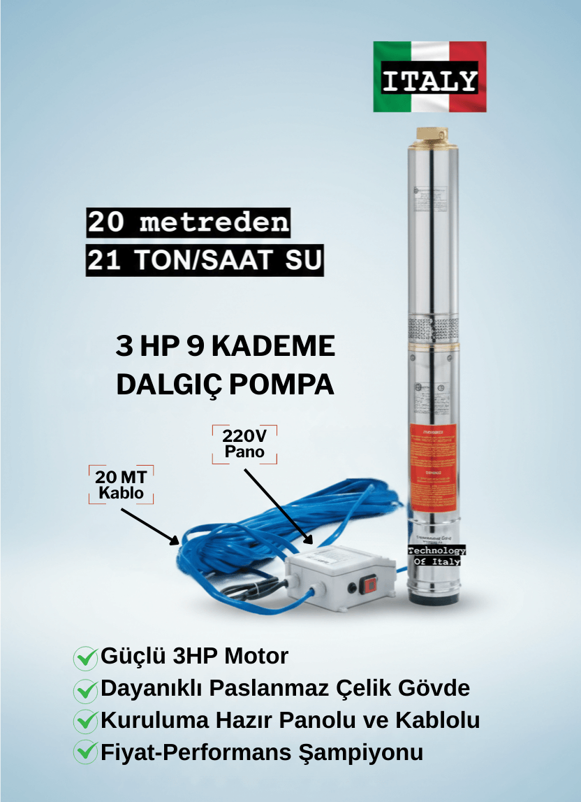 Vespo Italyan Teknoloji 3 Hp 9 Kademe Dalgıç Pompa 20 Mt Kablo Ve Panolu 220v (21 TON)